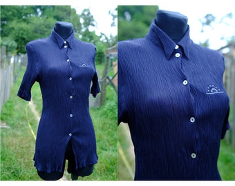 Vintage 90s Navy Blue Fitted Crinkle Crepe Blouse