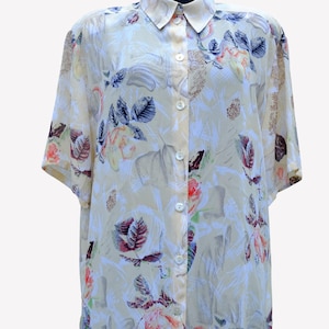 Vintage 90s Floral Bright White Yellow Blue Blouse