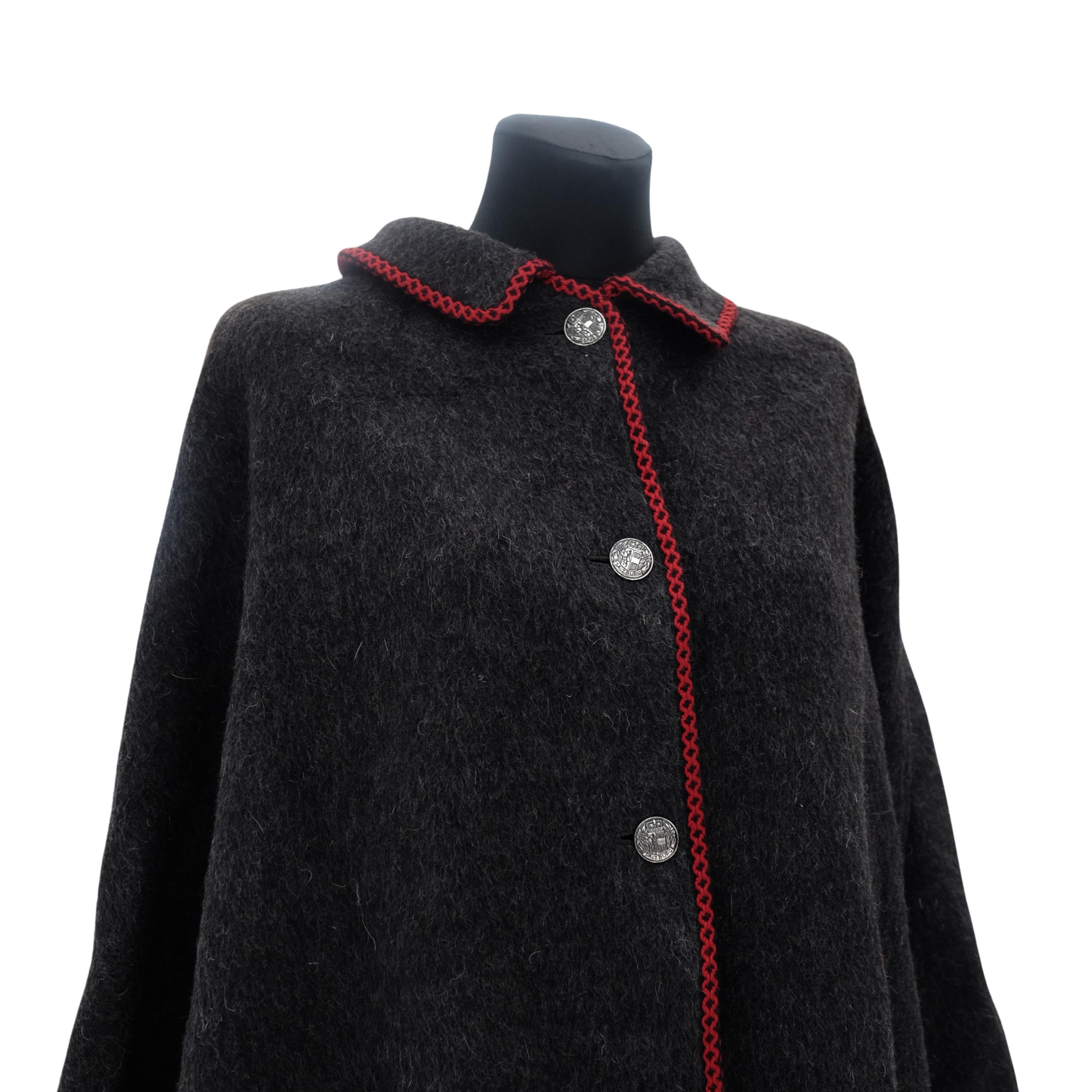 Vintage Reversible Wool Cape Coat: Red Checkered & Gray, Silver