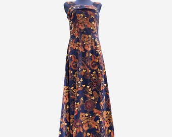 Vestido largo hippie vintage de terciopelo con estampado floral azul y amarillo, con bolso a juego, tallas S-M
