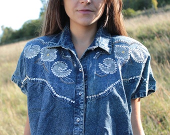 Vintage 1980s Embellished Sequined Short Sleeved Denim Shirt with Shoulder Pads, Size L/XL