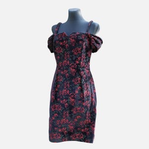 90s Vintage Romantic Black and Red Velvet Floral Coctail Mini Dress