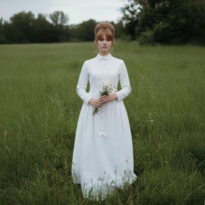 Vestido de novia vintage de principios de los años 60 con cuello, tejido de algodón jacquard en relieve con encaje, talla S