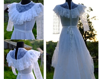 80s Punk Vintage Ruffled Lace Wedding Dress