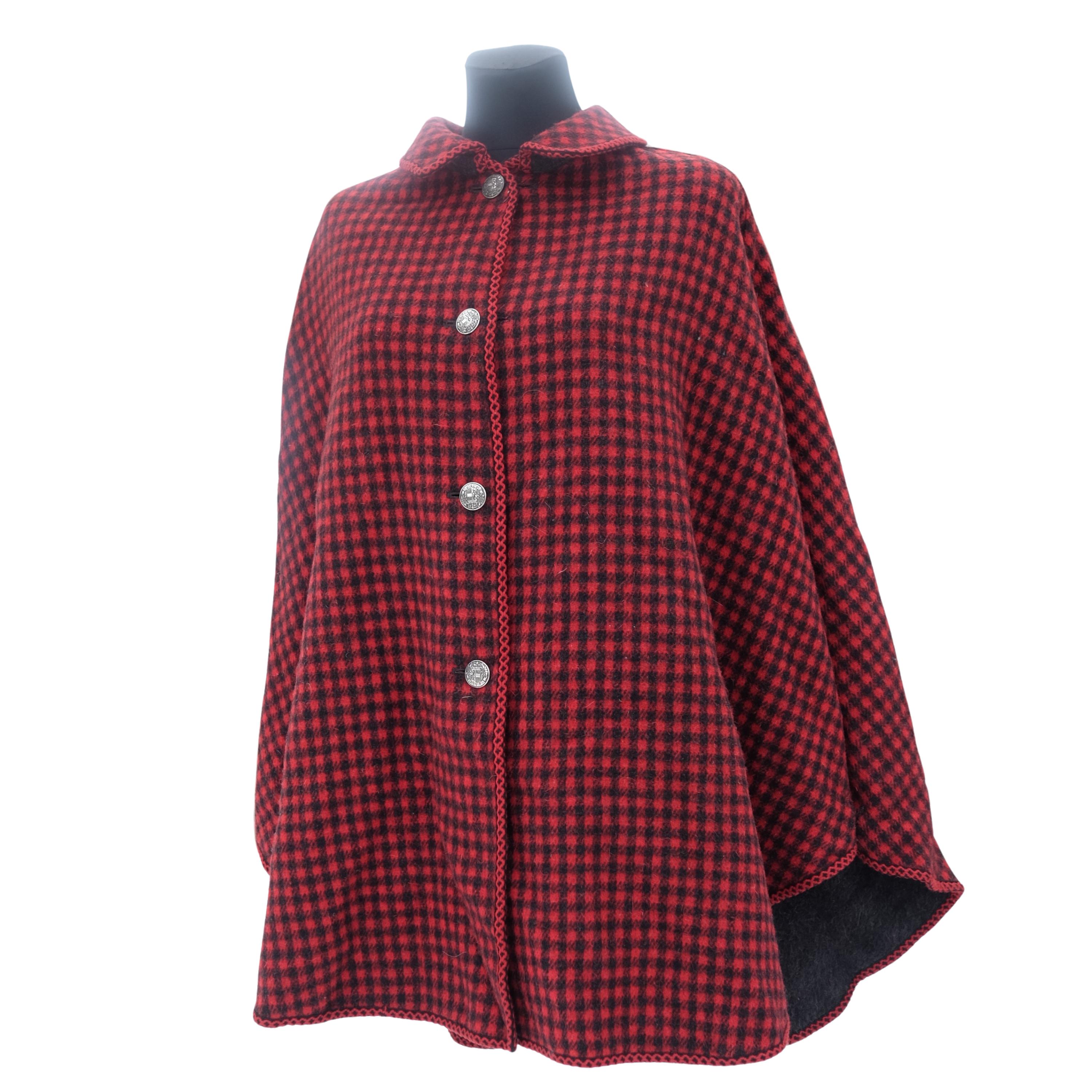 Vintage Reversible Wool Cape Coat: Red Checkered & Gray, Silver  display picture 1