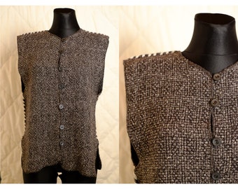 Vintage Brown Textured Button White Seam Crochet Vest