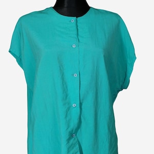 Turquoise Short Sleeved Blouse ,Button Up Vintage Sleeveless Shirt