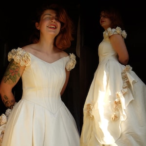 FULLY RESTORED Vintage Silk Princess Wedding Dress PRONOVIAS with Bustier top and Train Skirt with Rosette Trim, Fairytale Bridal Gown
