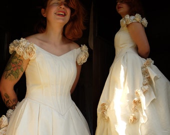 FULLY RESTORED Vintage Silk Princess Wedding Dress PRONOVIAS with Bustier top and Train Skirt with Rosette Trim, Fairytale Bridal Gown