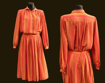 Vintage Handmade Two piece Orange Red Striped Ensemble/ Blouse and Skirt Set