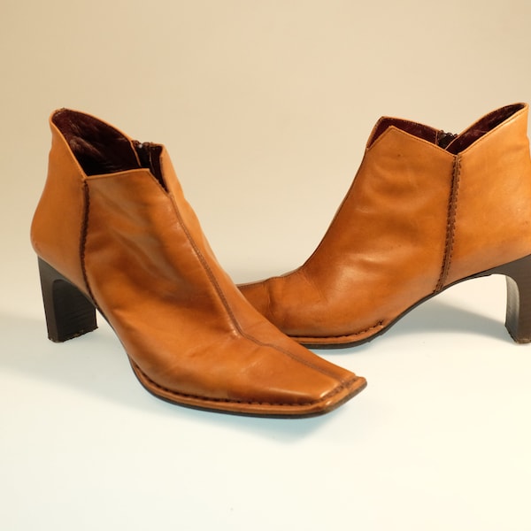 90s Y2K Square Toe Caramel Brown Leather Ankle Boots, Vintage 90s Block Heel Booties EU39 /UK5.5/ US8.5