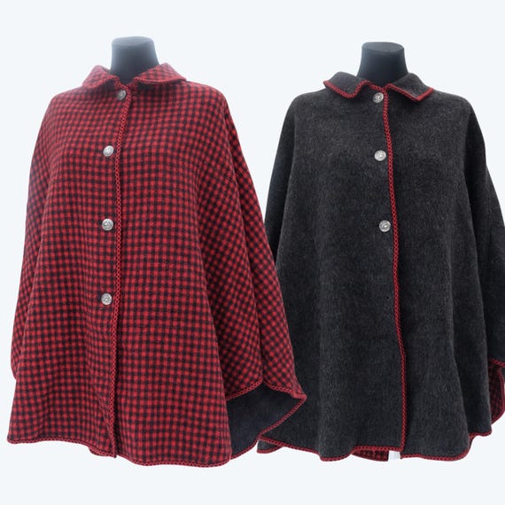 Vintage Reversible Wool Cape Coat: Red Checkered & Gray, Silver