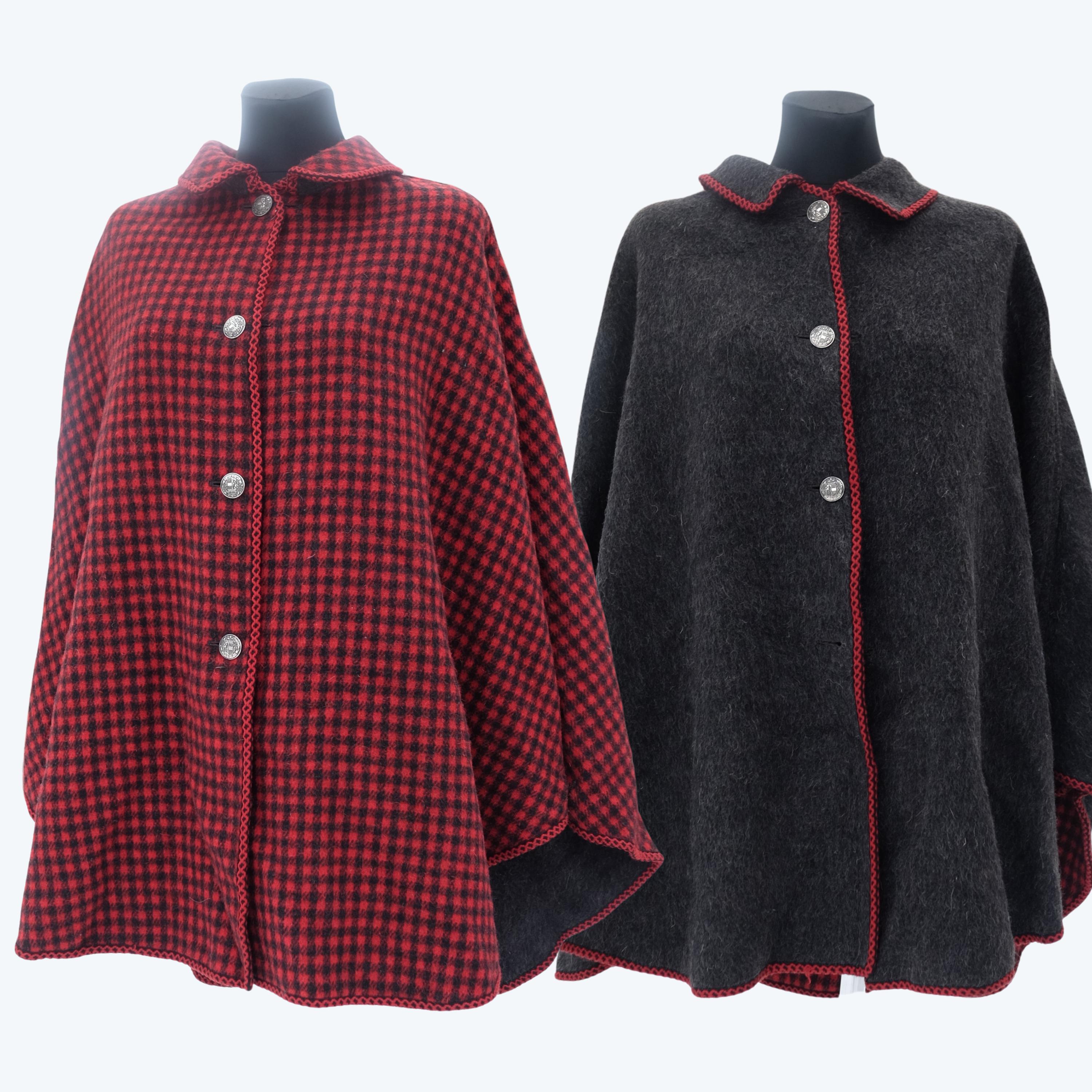 Vintage Reversible Wool Cape Coat: Red Checkered & Gray, Silver