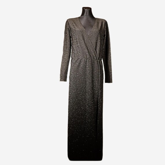 Vintage Black Metallic Dress, Deep V Maxi Long Sleeved Evening Gown - Etsy