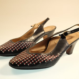 Vintage Navy Leather Slingback Pumps, Vintage Sandal Shoes with Heels