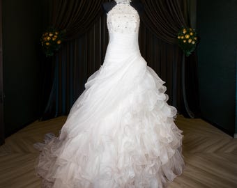 Vintage Y2K baljurk baljurk halternek organza trouwjurk met sleep XXS/XS