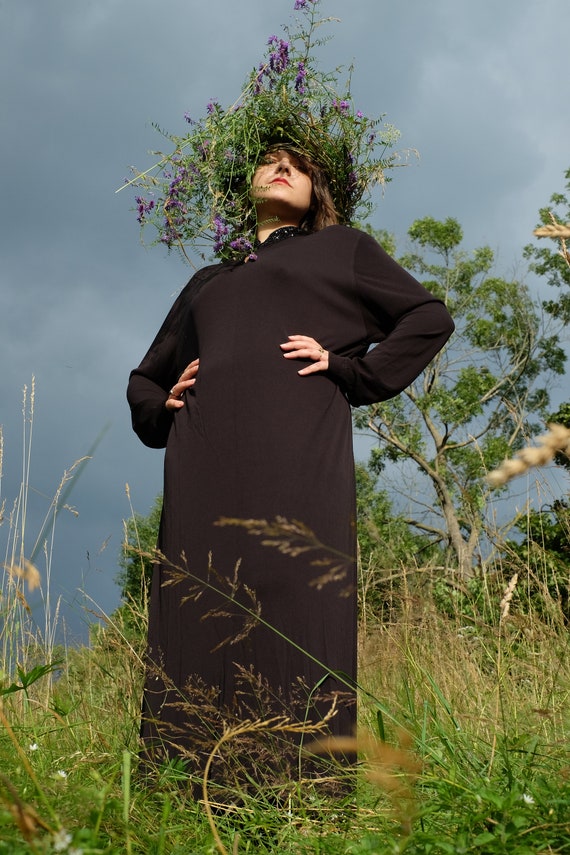 Jean Muir, 1970s Jean Muir Black Viscose Maxi Dress,Vintage Embellished Trapeze Gown, Size XL