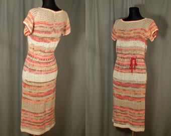 Vintage Striped Summer Crocheted Midi Dress in Soft Peach Tones