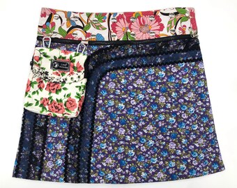 Unique reversible wrap skirt, one-size-fits-all, four-skirts-in-one