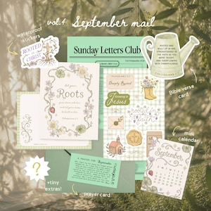 May include: A collection of stationery items including a Sunday Letters Club newsletter, a September calendar, a prayer card, and various stickers featuring floral designs, a watering can, a church, and religious text like Rooted in Christ.
