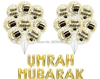 New Umrah Mubarak Balloon Set Islamic Religious Celebration Foil Latex confetti Gold Black Banner wall hanging 2023