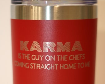 Karma is the guy on the Chiefs Insulated Tumbler | Swiftie fan gift | Football romance drinkware
