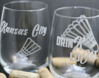 Laser Engraved Kansas City Wine Glass Set (2): Shuttlecock Design | Laser Etched KC Pride Gift