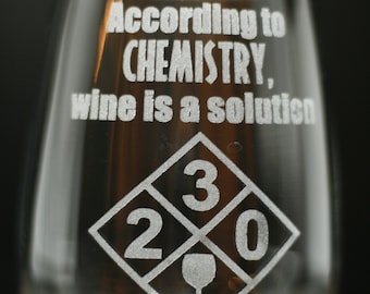Wine Glass “According to Chemistry, Wine Is a Solution” – Laser Engraved Funny Science Gift – Nerd Barware