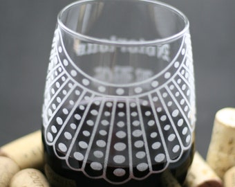 Notorious RBG Wine Glass: Laser-Etched Dissent Collar Design | RBG Barware for Justice Lovers