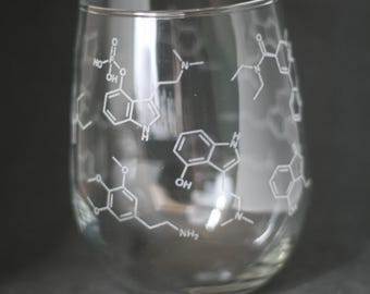 Psychedelic Molecules Wine Glass | Laser Engraved Science Gift | Chemistry of Psychedelics