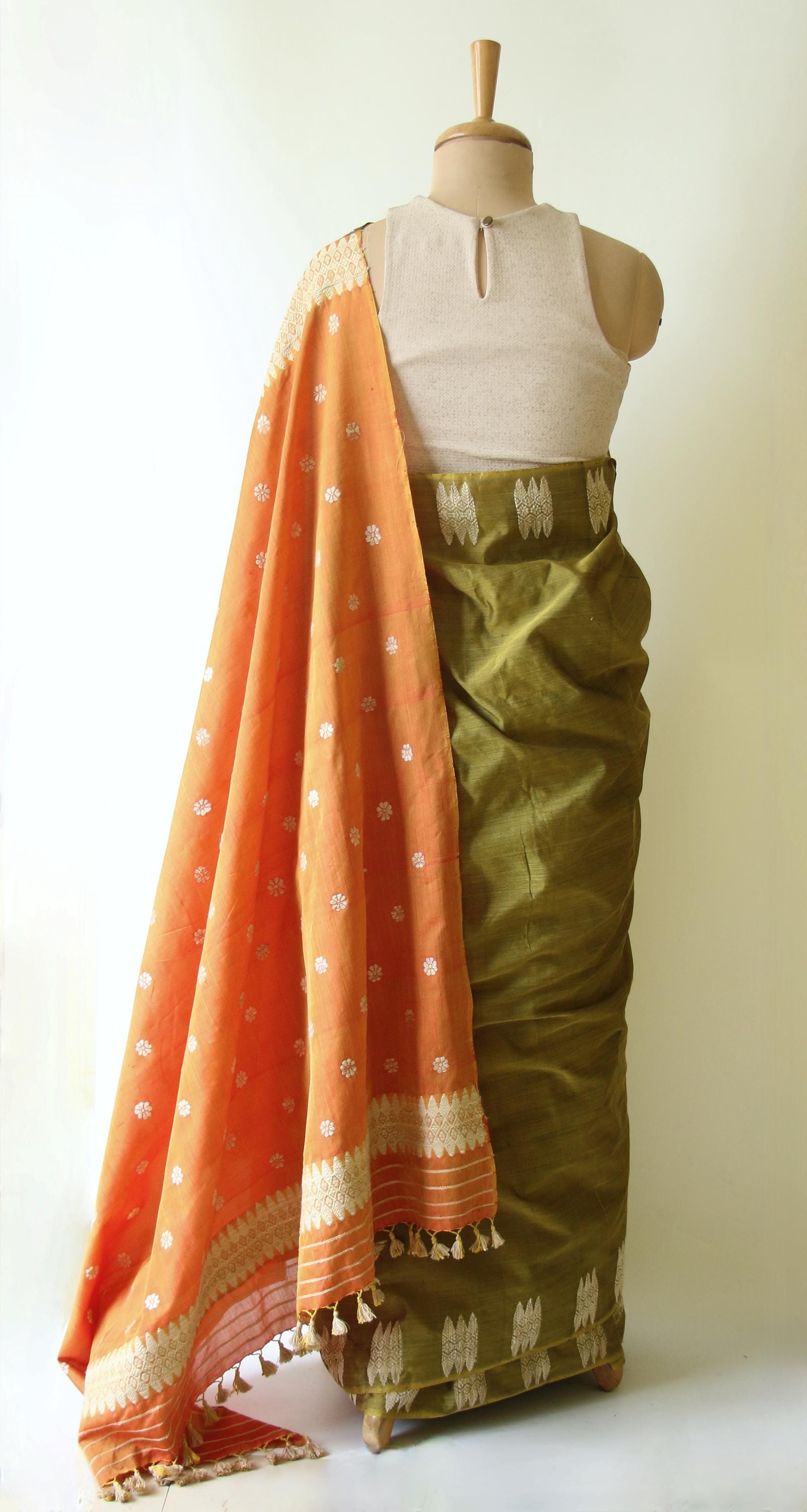 Olive Green Orange Handloom Modal by Silk Saree from Assam, India