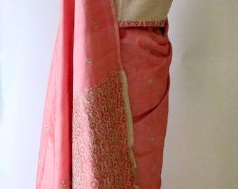 Pink Natural Dyed Handloom Mulberry Silk Saree / Contrast Blouse from Assam