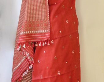 Rust Orange Natural dyed Handloom Silk Saree from Assam , India