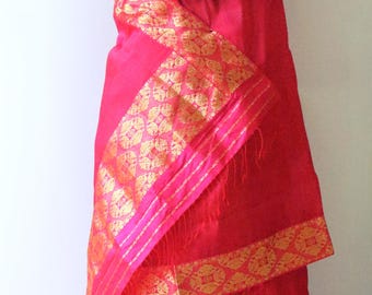 Magenta Pink  Handloom Mulberry Silk Mekhla Chador Set from Assam , India