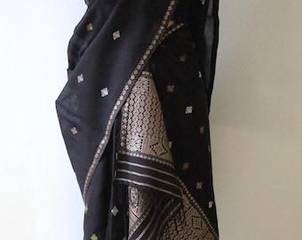Dark Grey Cotton Silk Traditional Handloom Mekhela Chador Set from Assam , India