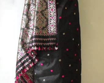 Black Colour Handloom Mulberry Silk Saree from Assam , India