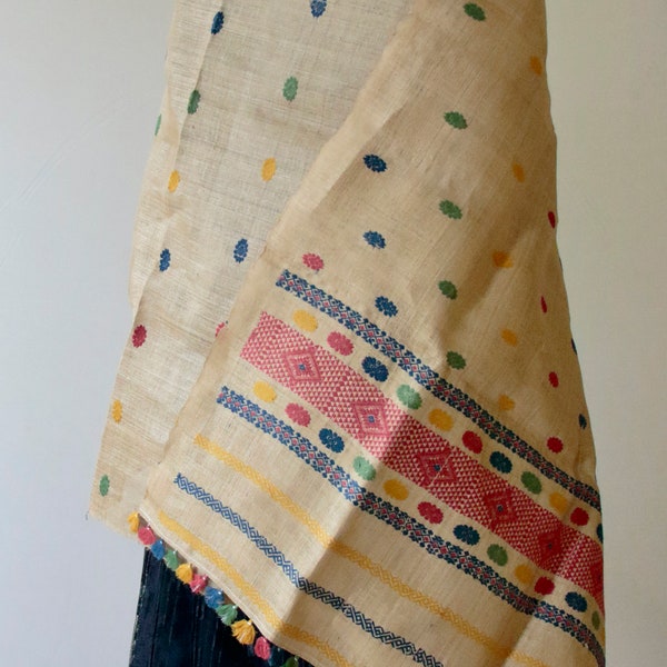 Hand woven Muga Silk Oversized Wrap / Dupatta with natural Dyed Eri Silk Motifs from Assam , India