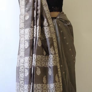 Dull Green Grey Colour Handloom Silk Saree from Assam , India