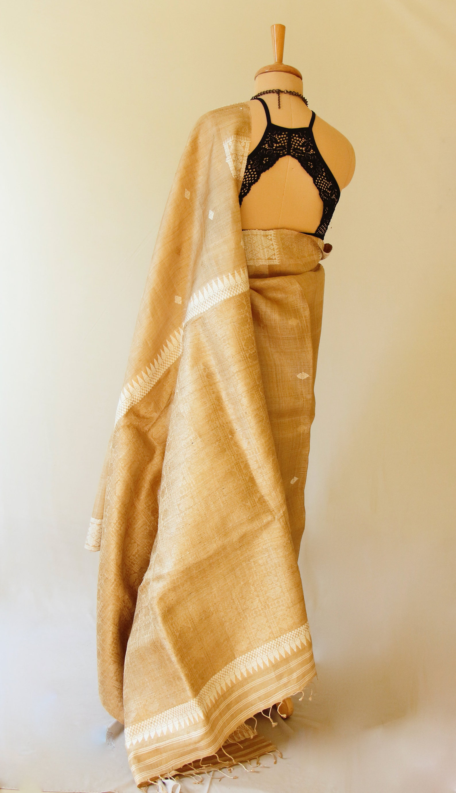 Grey Golden Leaf Muga Silk Saree with Blouse Fabric