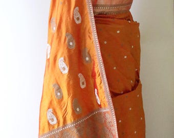 Orange Traditional Handloom Mulberry Silk Mekhla Chador Set from Assam , India