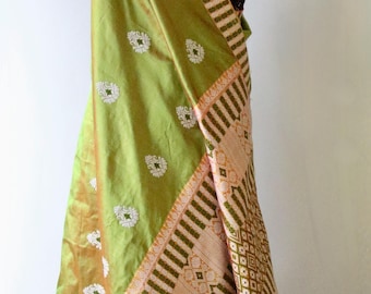 Two Tone Green Colour Handloom Mulberry Silk Saree from Assam , India