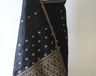 Black Cotton Silk Traditional Handloom Mekhela Chador Set from Assam , India
