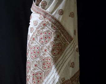 Handloom Natural Off White Eri Silk by Mulberry Silk Mekhela Chador Set from Assam .