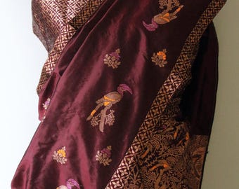 Maroon Traditional Mekhela Chador Set / Brocade Blouse from Assam , India