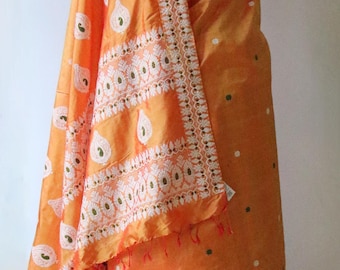 Orange Colour Handloom Mulberry Silk Saree from Assam , India