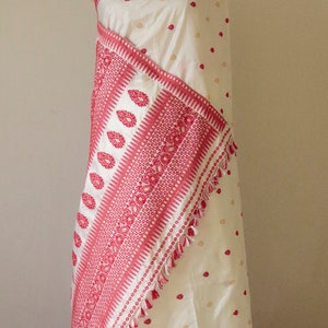 Natural White Mulberry Silk  Sari with red motifs from Assam , India