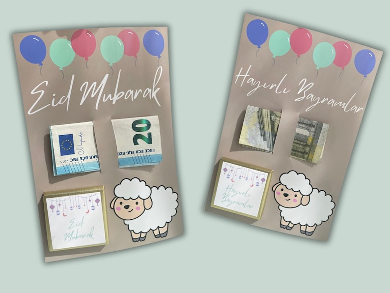 May include: Two brown cards with balloons and the text "Eid Mubarak" and "Hayırlı Bayramlar" on them. Each card has a small box with a gift inside, a 20 Euro bill, a 5 Euro bill, and a cartoon sheep.