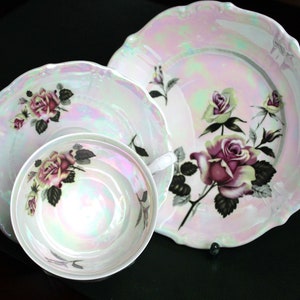 DDR 1960 Vintage Porcelain Cup con Saucer and Cake Cup Collezione Pezzo GDR, GDR Madre di Perla, Motif Floral