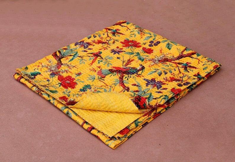 Hand Made Bird Print King Size Kantha Quilt Kantha Blanket Bed Cover