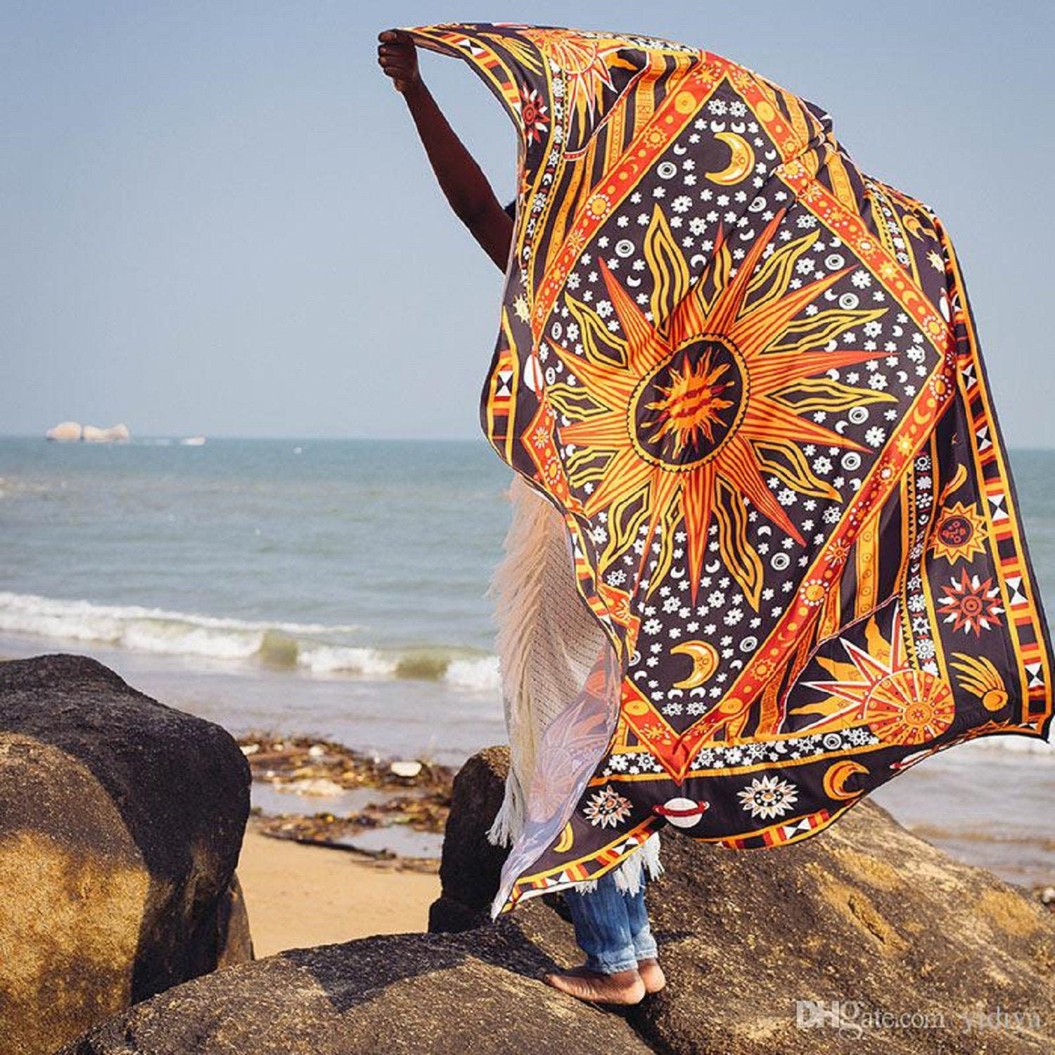 Tapisserie Sun Moon Starry Mandala 100% Coton Bleu - Grande Tentures Murale Aakriti Gallery